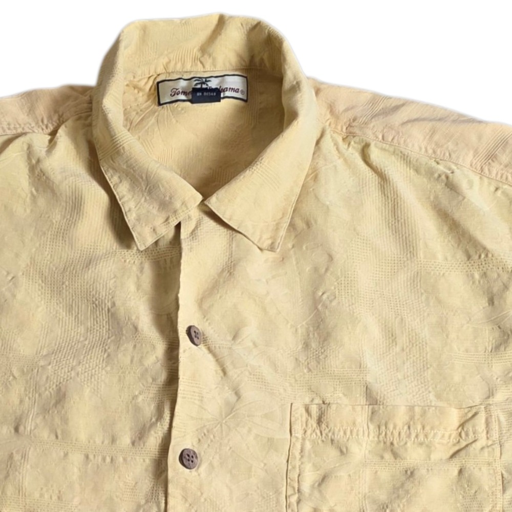 Tommy Bahama Shirt Mens L Yellow Silk Floral Jacquard Camp RN 86549